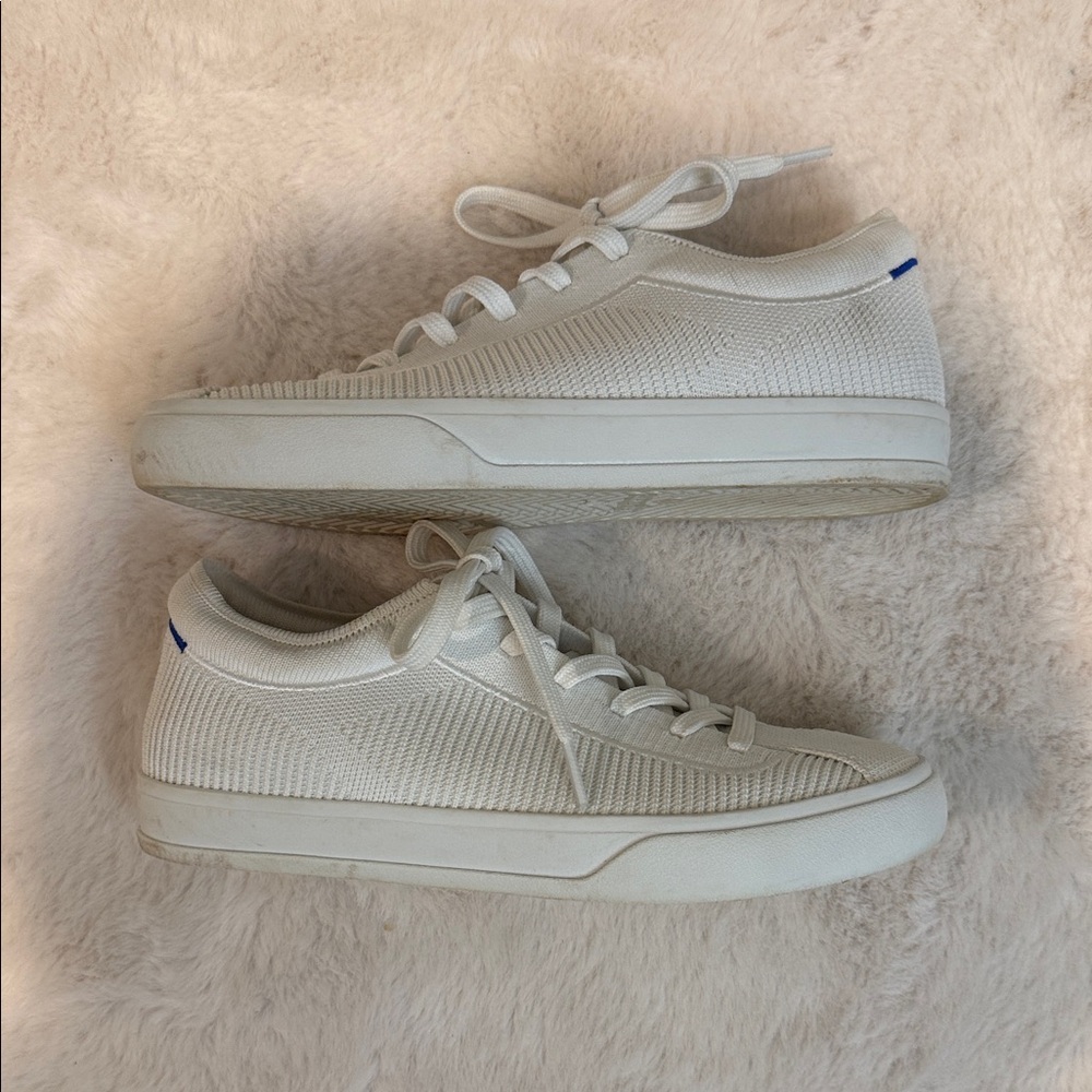 Rothy's White Knit Lace-Up Sneakers with Blue Tab